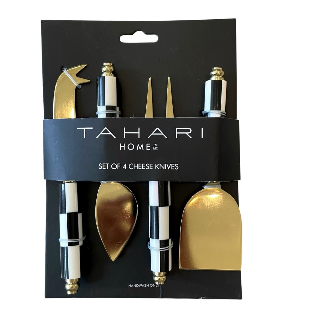 Tahari Home Set of 4 Cheese Knives Black & White Checkered Gold Glam New